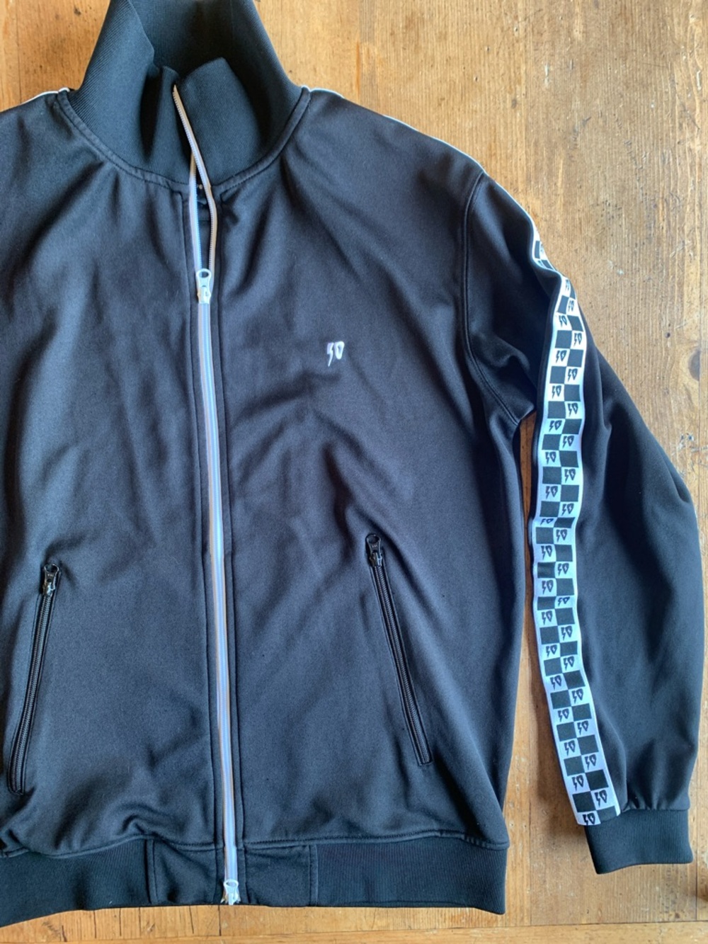 10.Deep Black Track Bomber Jacket with White Accent Tape - Picture 16 of 16